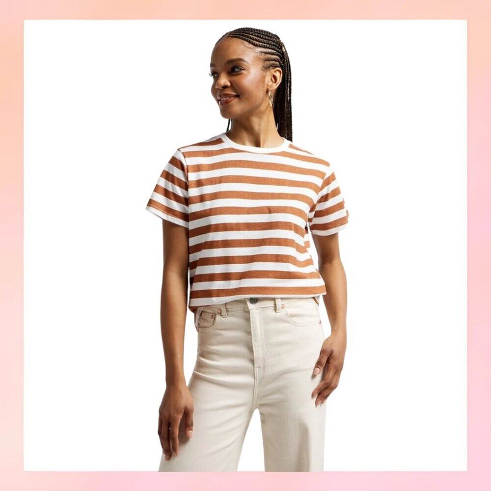Small J.Crew Rust/Burnt Orange & White Breton Stripe T-Shirt | Classic Fit